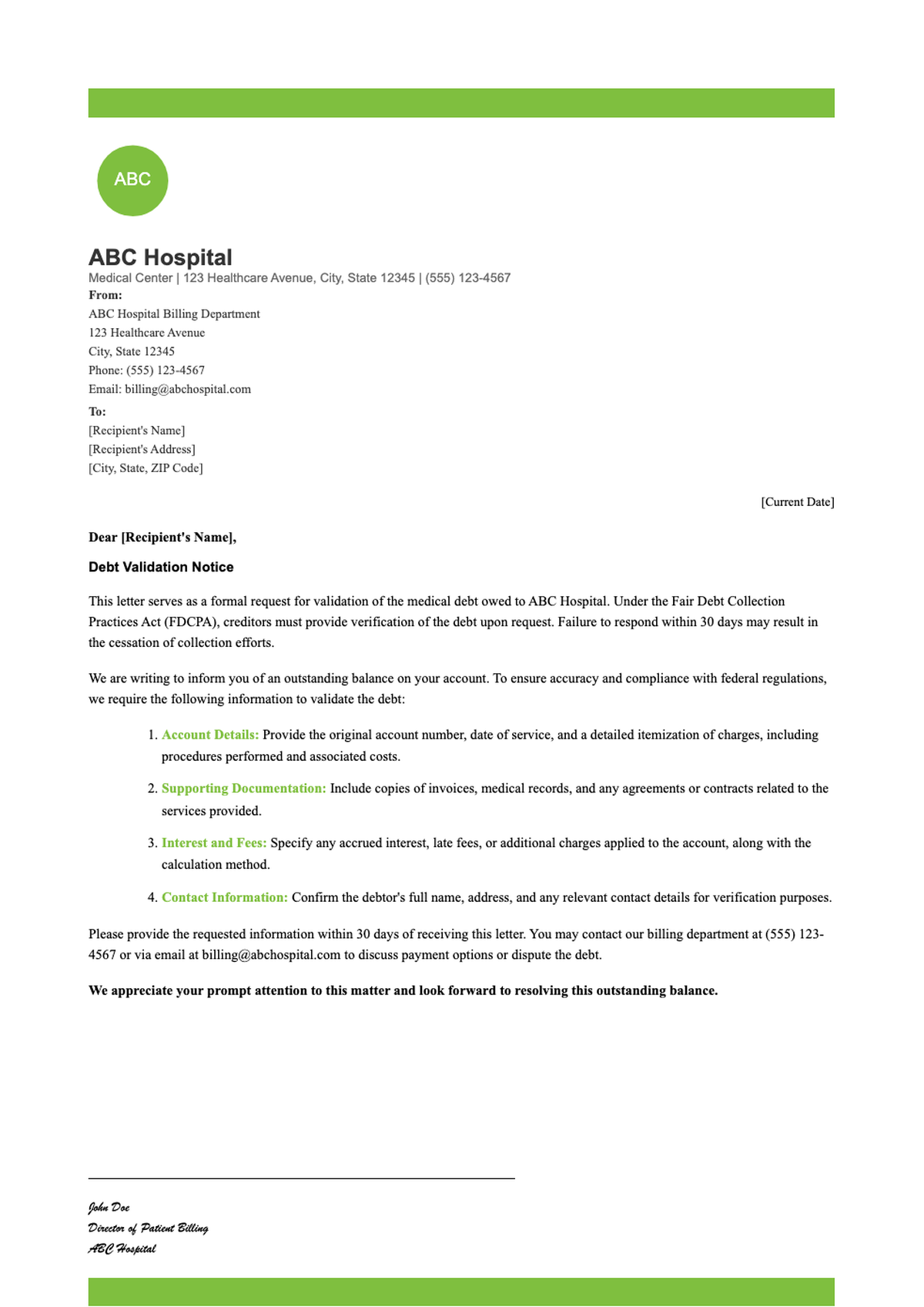 Medical debt validation letter template with green accents and editable fields_variant_1
